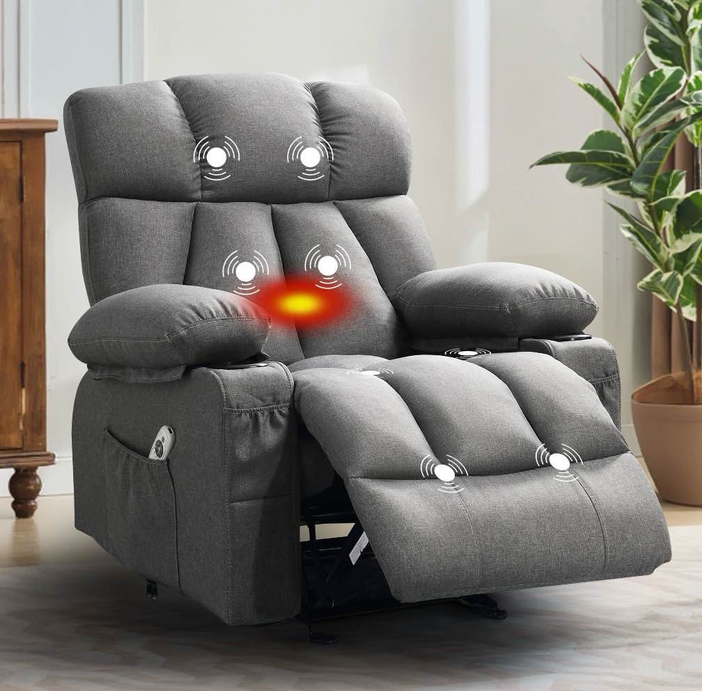 JONPONY Manual Recliner Chair with Heat Therapy and Massage Function, Heavy Duty Reclining Mechanism Massage Chair, Elderly Single Rocker Sofa with Cup Holders for Bedroom Home Theater,Grey