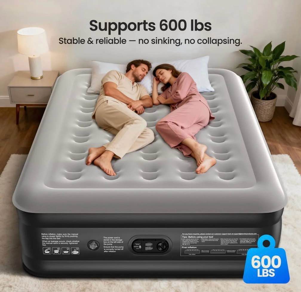 Condition photo showing Good Condition for Ophanie 18 Inch High Air Mattress Queen with Built in Pump  Elevated Quick Inflation/Deflation Inflatable Beds  High Durability Blow Up Mattresses for Camping  Indoor Colchon  Guests Air Bed  Black