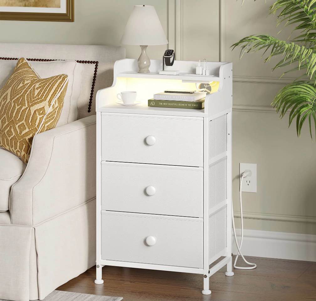 Condition photo showing As Is for GUNAITO 3 Drawers Nightstand with Charging Station, Bedside Table with LED Light, Modern End Side Table for Bedroom Living Room?White