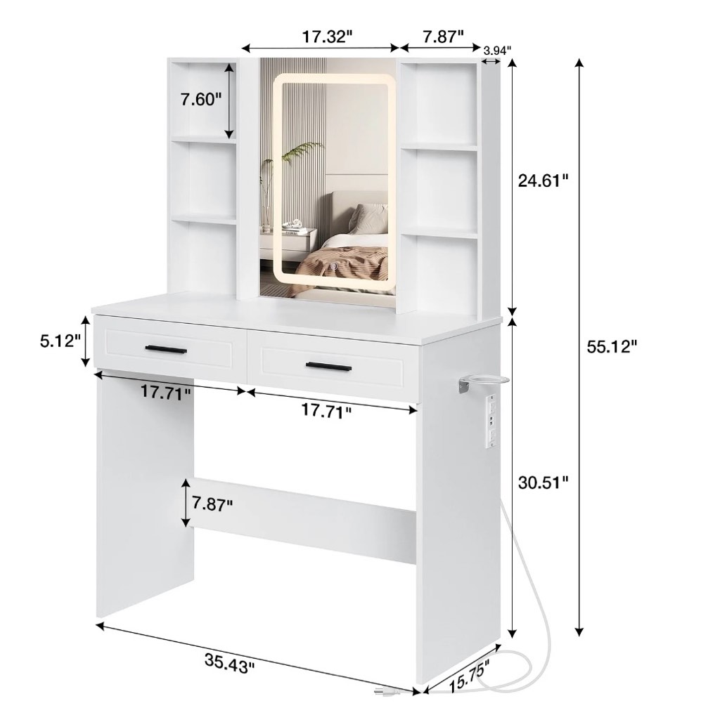 Condition photo showing As Is for Hommpa Vanity Set with Mirror, Girls Makeup Vanity with  LED Lights, White Vanity Desk with Drawers, Vanity Table with Charging Station for Women Bedroom Storage