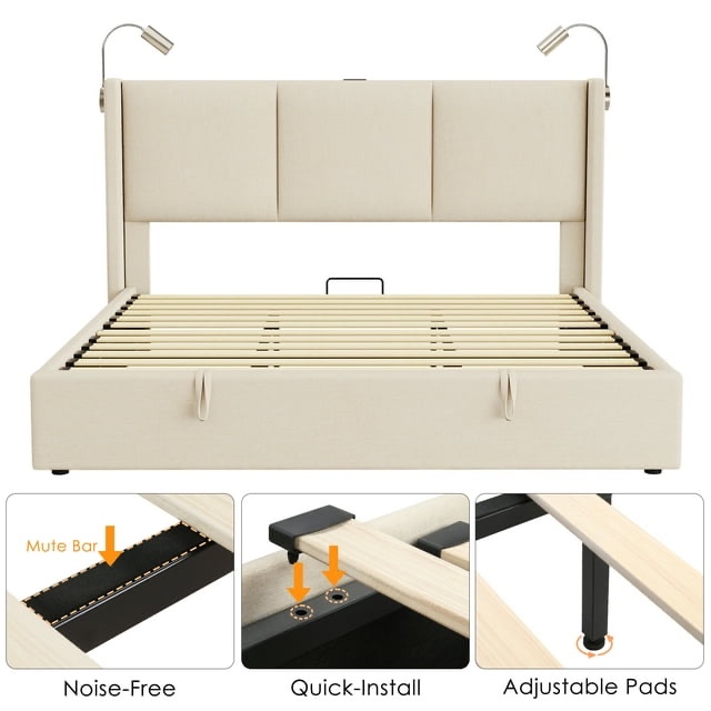 Condition photo showing As Is for Homfa Full Size Lift Up Storage Bed, Modern Adjustable Headboard with Read Lamp, Hydraulic Storage, Beige