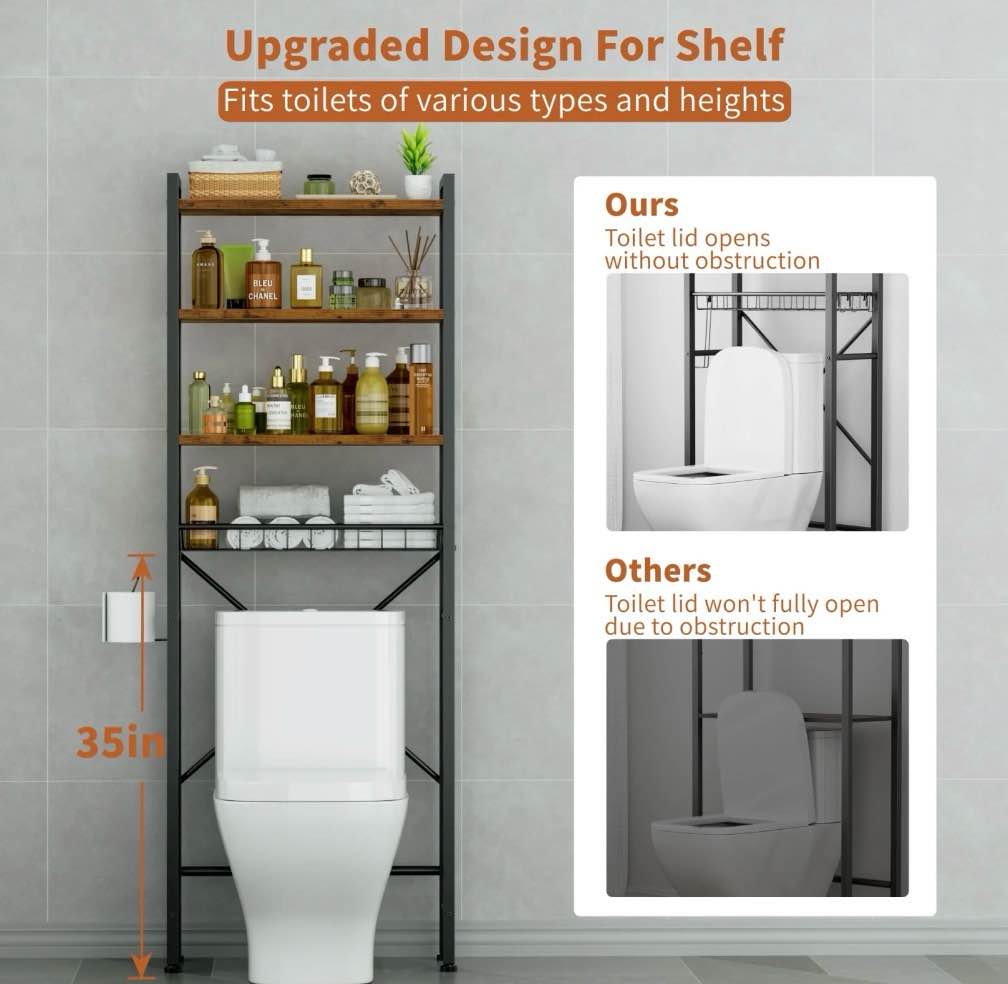 Condition photo showing As Is for Capri Over The Toilet Storage Shelf, 4-Tier Freestanding Bathroom Organizers and Storage, above Toilet Space Saver Rack with Adjustable Shelves, Toilet Paper Holder and 9-Hooks, Rustic Brown