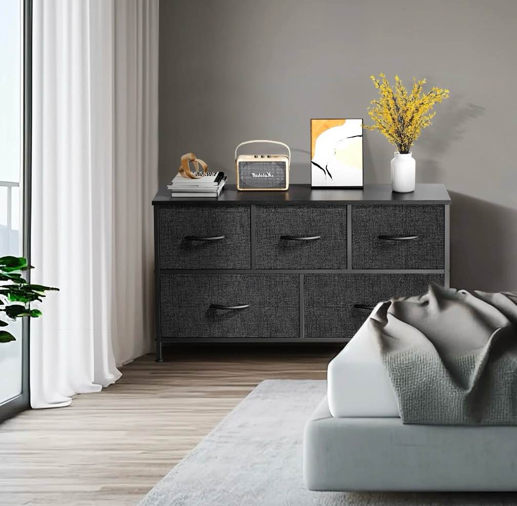 Condition photo showing Good Condition for EDX 5 Drawer Dresser, Wide Chest of Drawers Nightstand Storage Tower Storage Fabric Dresser with Wood Top for Living Room, Bedroom, Hallway,Black