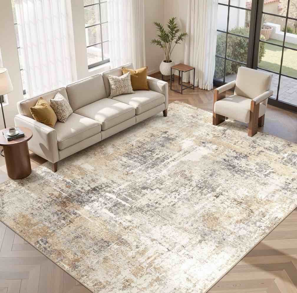 UERMEI 9 x12 Large Area Rugs for Living Room Washable Non Slip Indoor Rug for Bedroom Home Decor Carpets Modern Abstract Printed Carpet Grey Gold