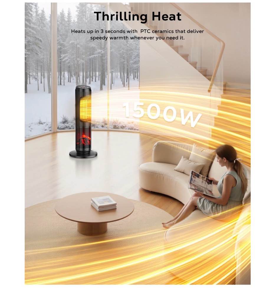 Condition photo showing Good Condition for NFTIGB Space Heater, 1500W Quiet Oscillating Ceramic Heater for Large Room, PTC Electric Heater with Realistic 3D Flame Effect, Remote Control, Thermostat, for Office, Bedroom, Indoor Use