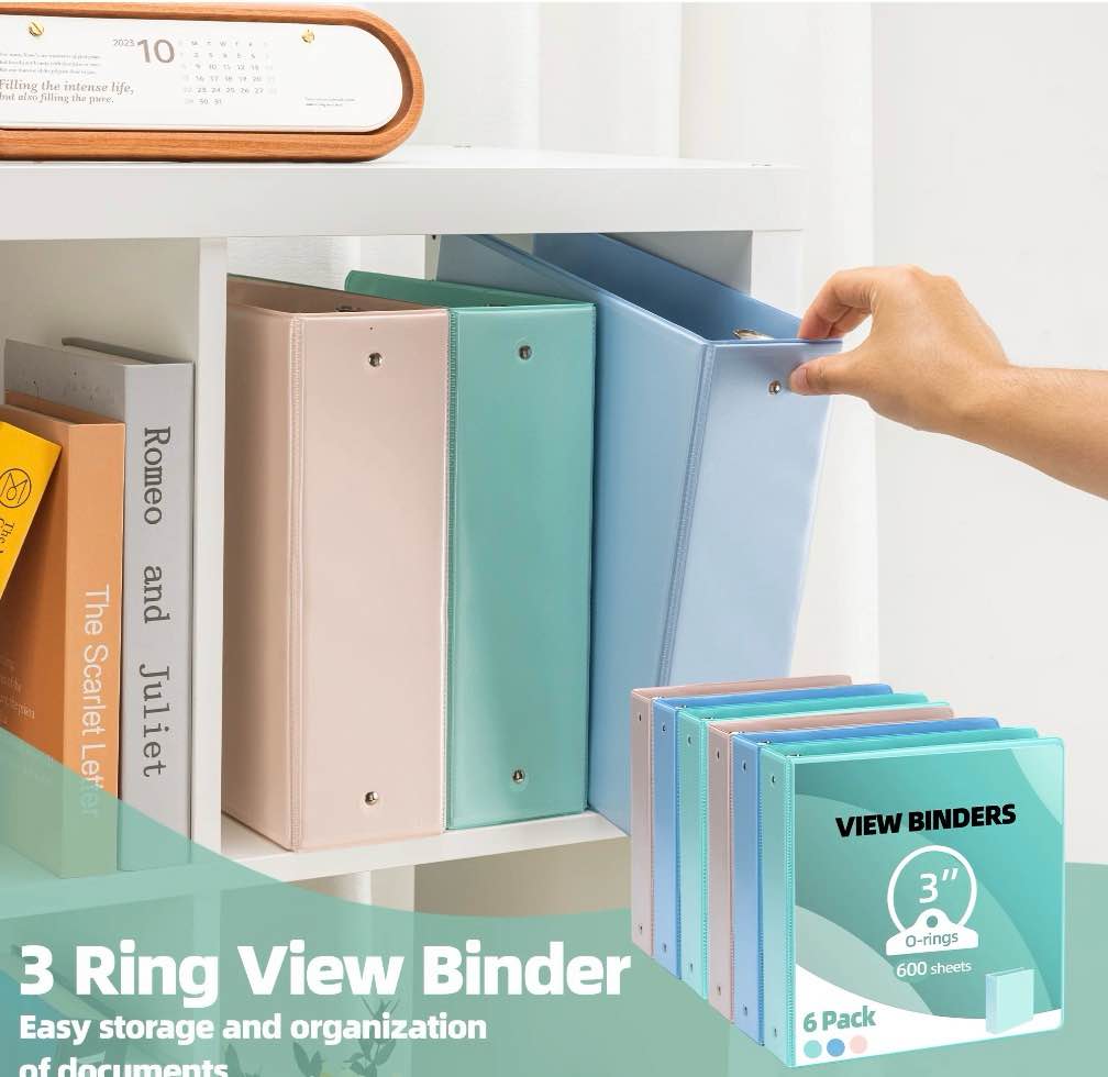 Condition photo showing New/Like New for Deli 3 Ring Binders,3" Economy Round Ring View Binders with 2 Interior Pockets for Office, Home, and School Use, 600 Sheets, 6-Pack (Mixed Color)