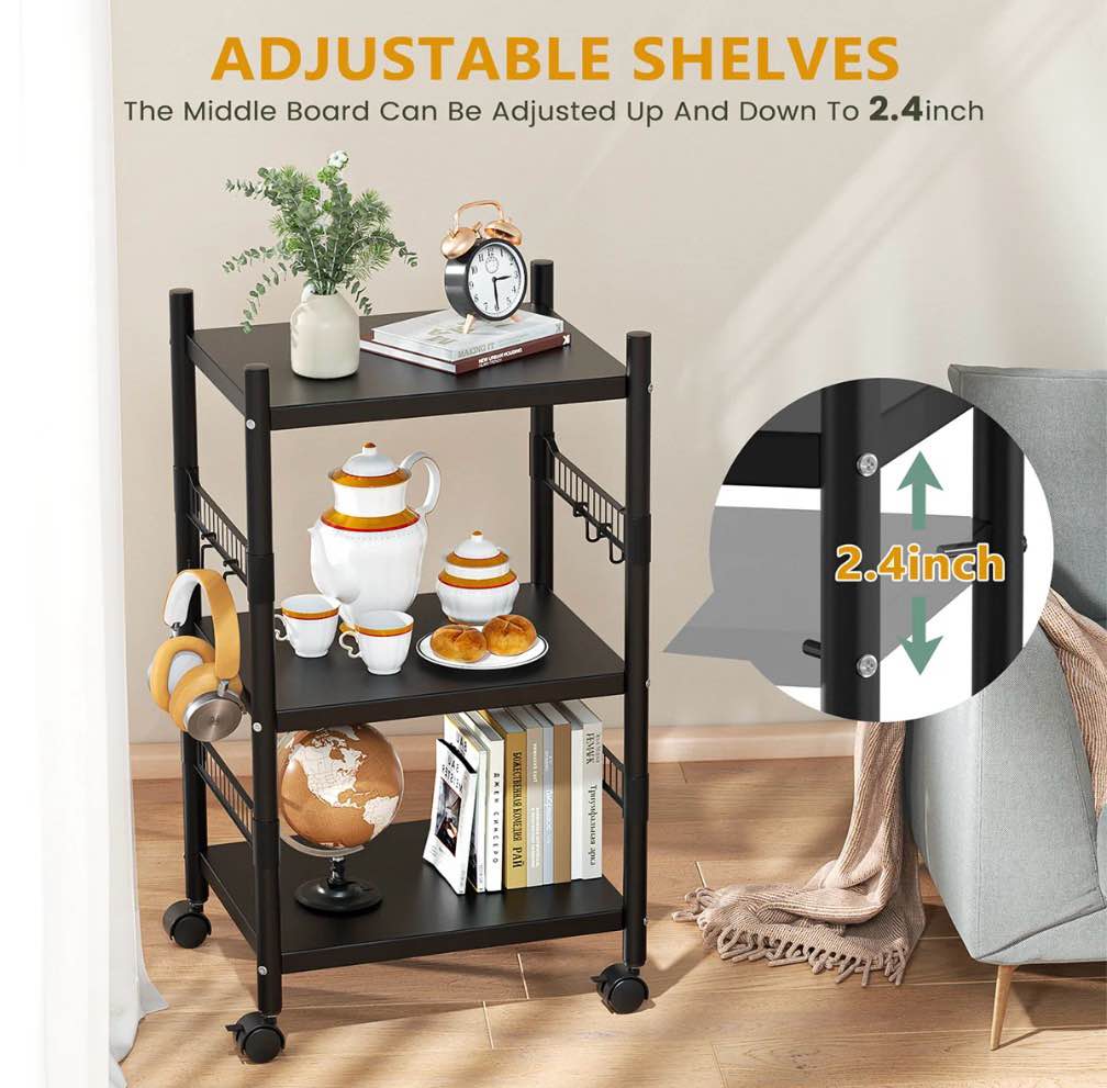 Condition photo showing New/Like New for Kitchen Microwave Cart, 3-Tier Kitchen Metal Utility Storage Rack Cart, Rolling Bakers Rack, Rolling Microwave Stand with 4 Hooks for Kitchen, Living Room, Entryway