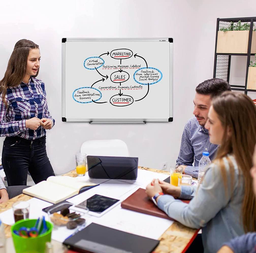 Condition photo showing Good Condition for Deli Magnetic Dry Erase Board, 48x 36 Inches, Wall Mounted White Board with Pen Tray, Silver Aluminium Frame