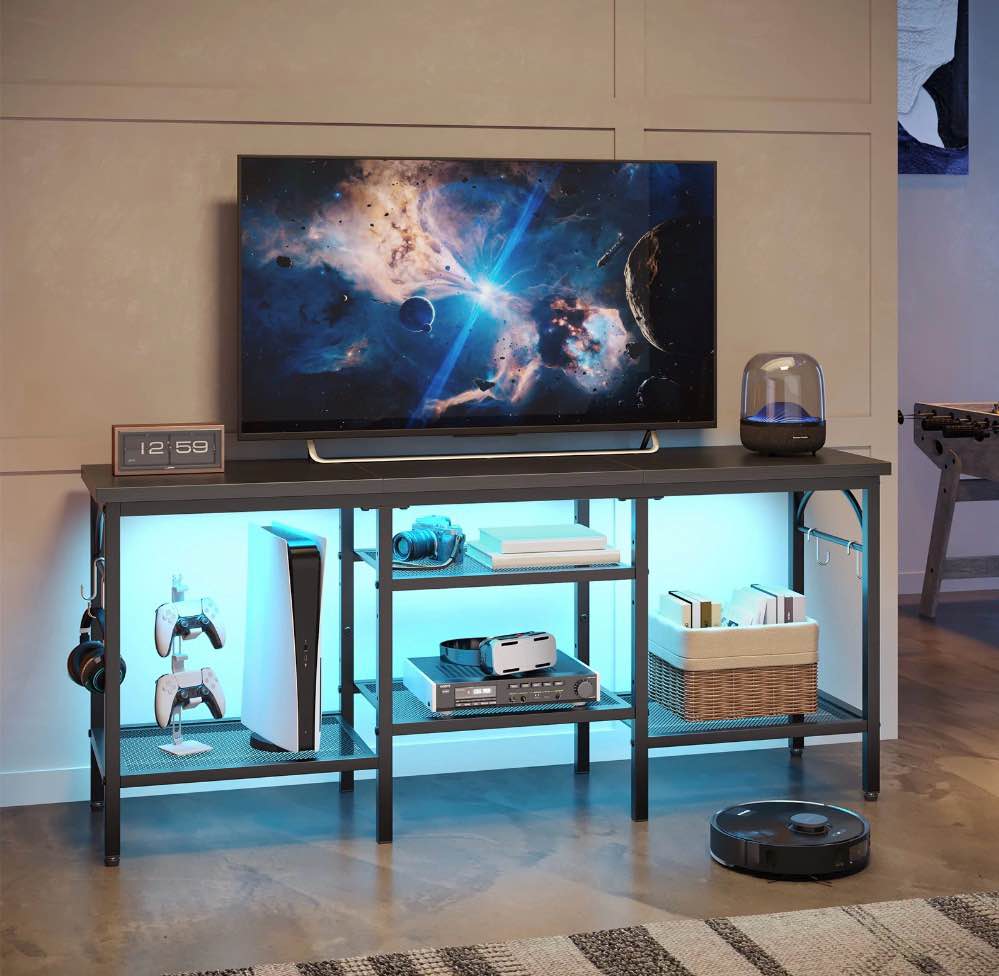 Condition photo showing New/Like New for Pinmoco TV Stand for TVs up to 47 Inch, LED Light Entertainment Center with Open Storage Shelves, TV Media Console Table for Living Room, Bedroom, Black