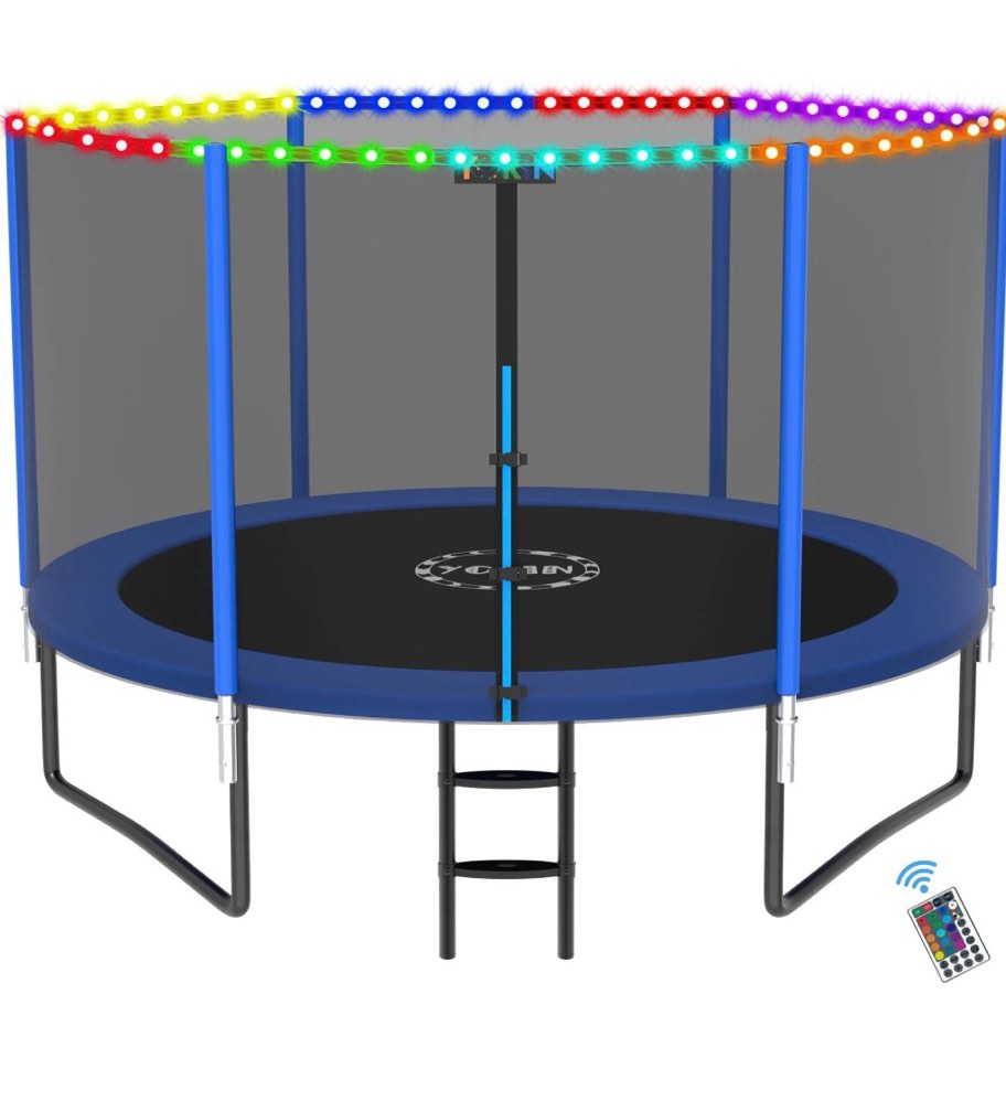 YORIN Trampoline for 2-3 Kids, 8FT 10FT 14FT 12FT Trampoline for Adults with Enclosure Net, Ladder, Light, 800LBS Weight Capacity Outdoor Round Recreational Trampoline, Heavy Duty Trampoline