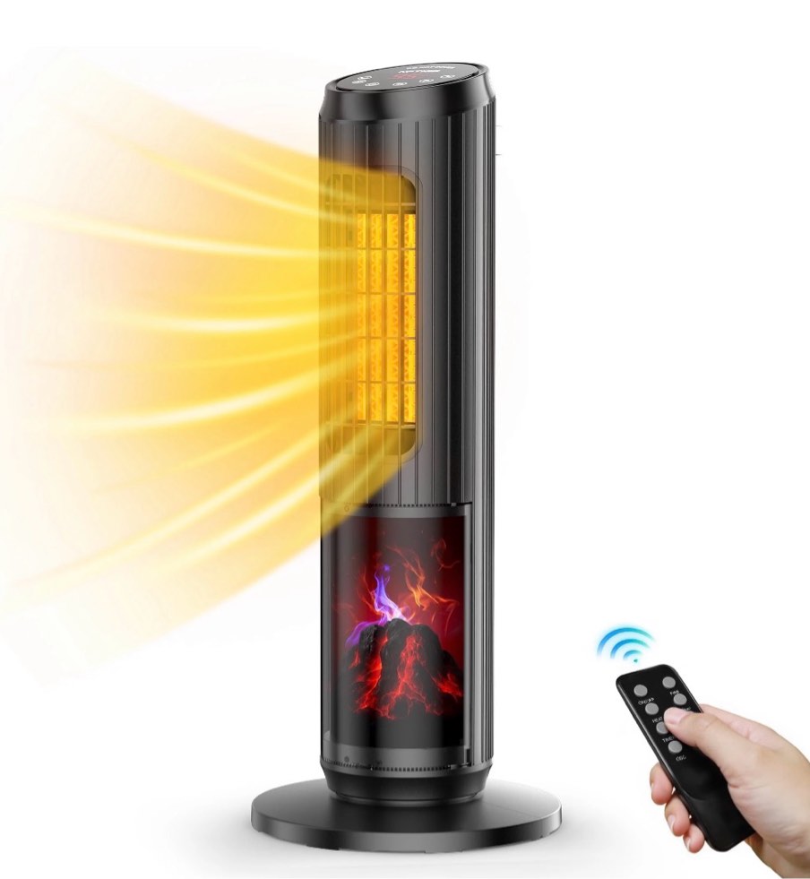 NFTIGB Space Heater, 1500W Quiet Oscillating Ceramic Heater for Large Room, PTC Electric Heater with Realistic 3D Flame Effect, Remote Control, Thermostat, for Office, Bedroom, Indoor Use