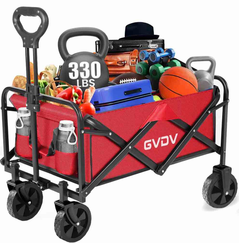 GVDV Collapsible Wagon Cart, Portable Utility Wagon for Camping, Beach, Picnic, Shopping, Sports, and Grocery Transport, Red