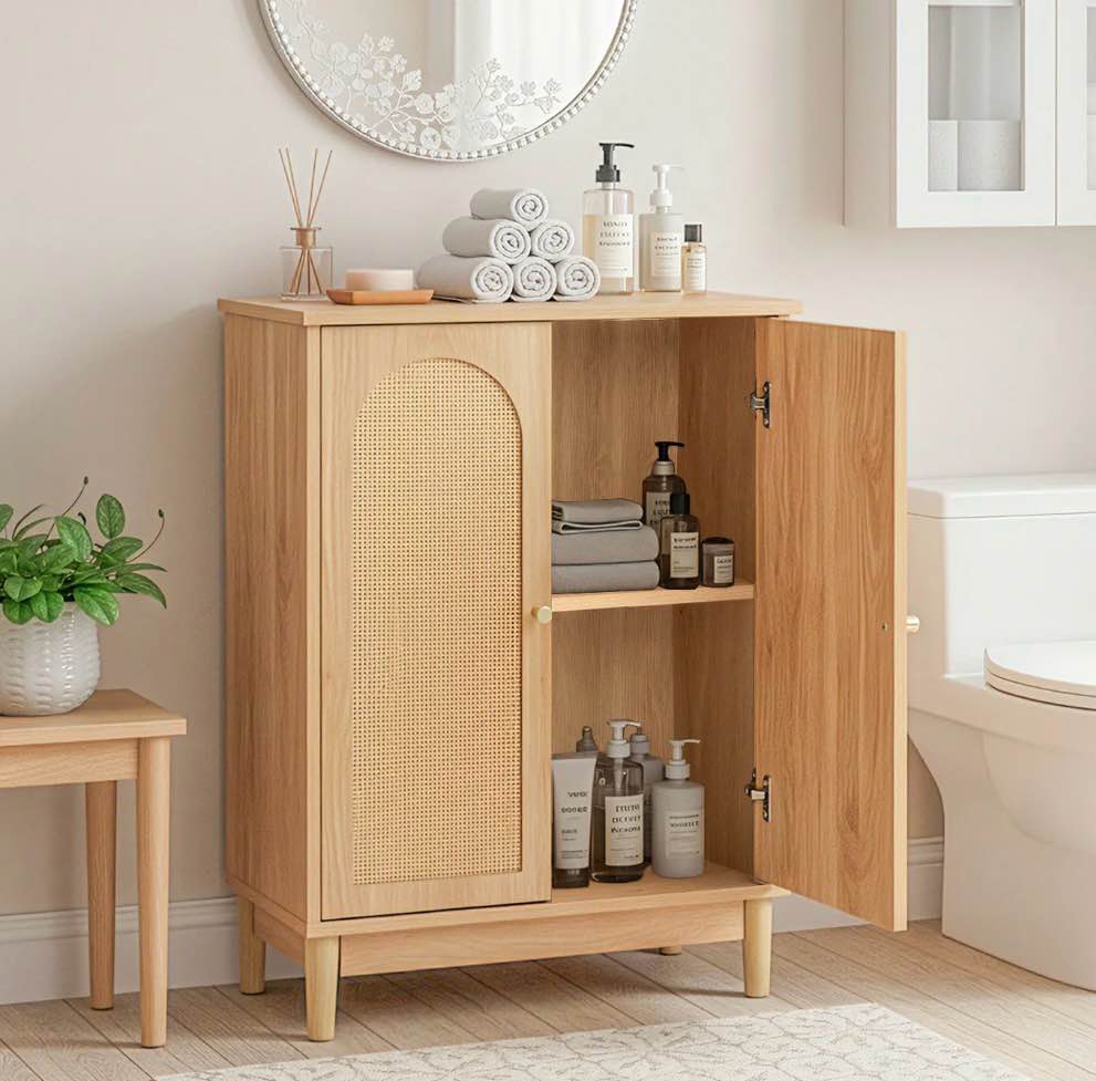 Ktaxon Bathroom Floor Cabinet Storage with 2 Doors and Adjustable Shelves, Rattan Finish