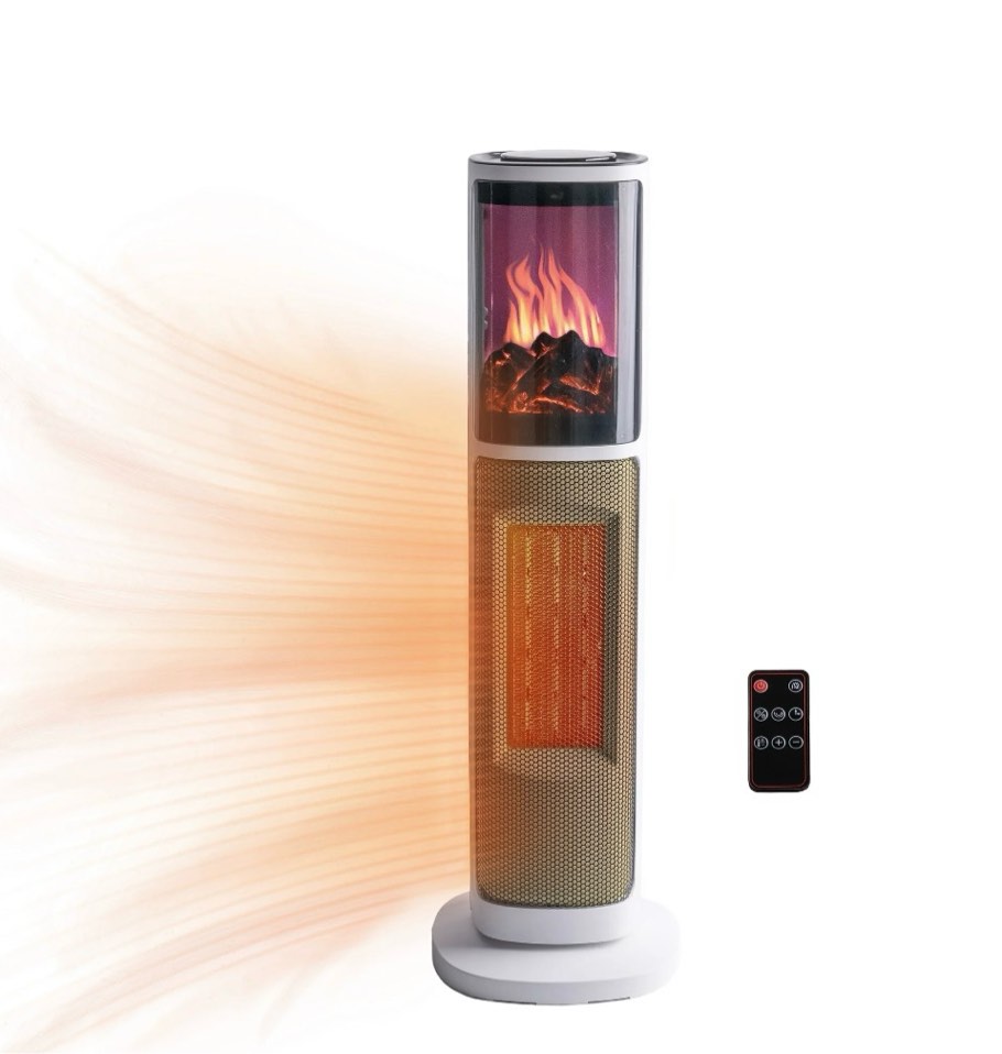 Comfort Zone 25 Oscillating Tower Space Heater with 3D Flame and Remote Control 75 Degree Oscillation 8 Hour Timer Overheat Protection Tip-Over Switch For Home & Office 1 500W MT2075L