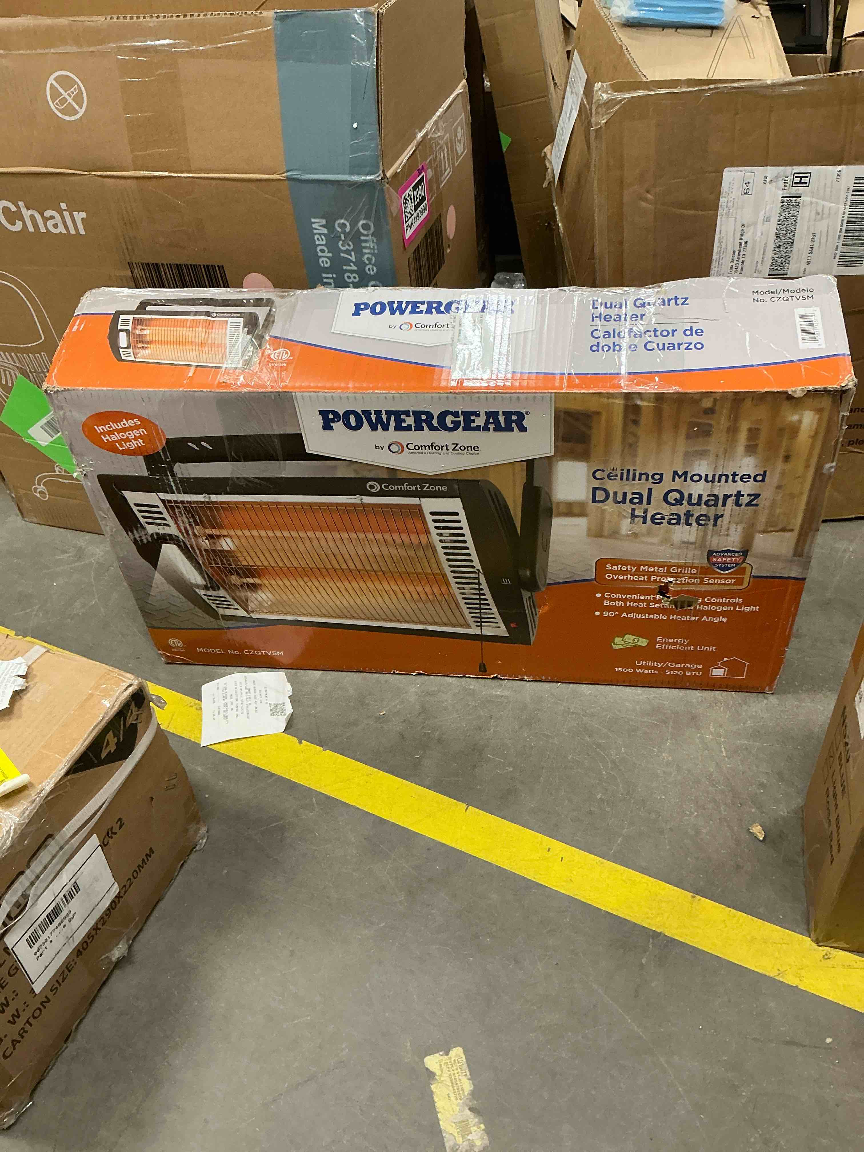 Condition photo showing New/Like New for Comfort Zone Ceiling Mounted Space Heater  90 Degree Adjustable Tilt  Dual Quartz  Radiant  Electric  Safety Grille  Overheat Protection  Hardware Included  Ideal for Garage  1 500W  CZQTV5M