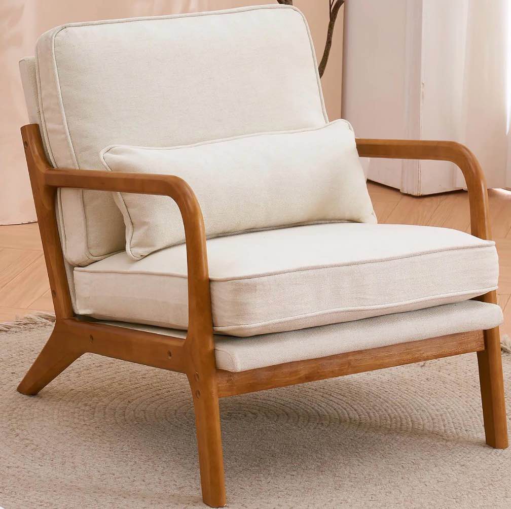 UBesGoo Modern Arm Chair Linen Fabric Upholstered Comfy Reading Accent Chair with Solid Wood Frame Beige