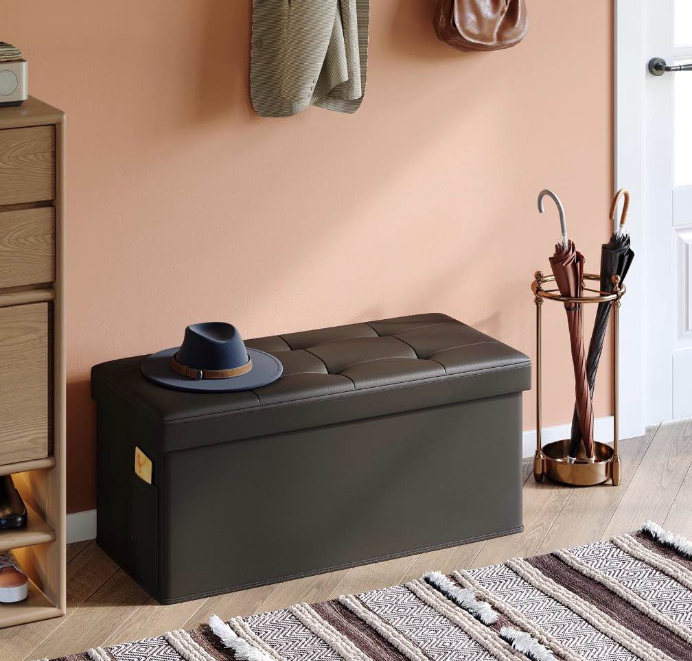 Pinmoco 30" Storage Ottoman Bench Folding Leather Bedroom Storage Bench with Side Pocket for Entryway Living Room, Dark Brown