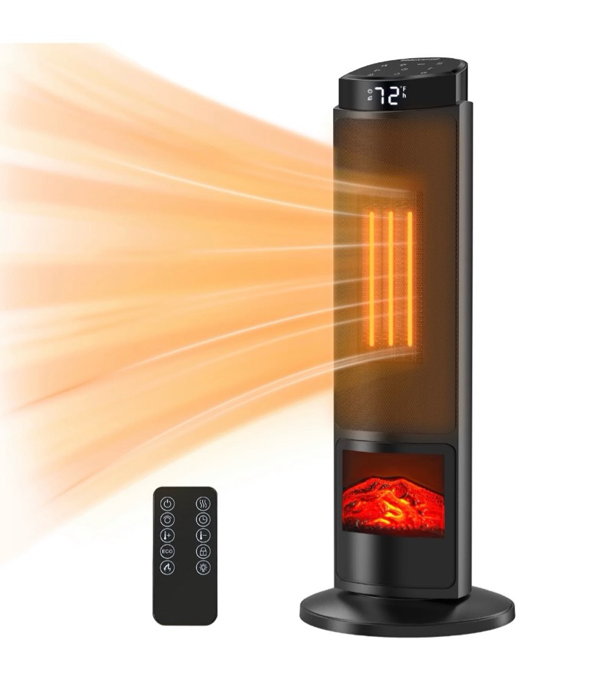 CONCETTA Tower Space Heater with Fireplace Effect – Oscillating Function, Remote Control, 1500W Heating,Black