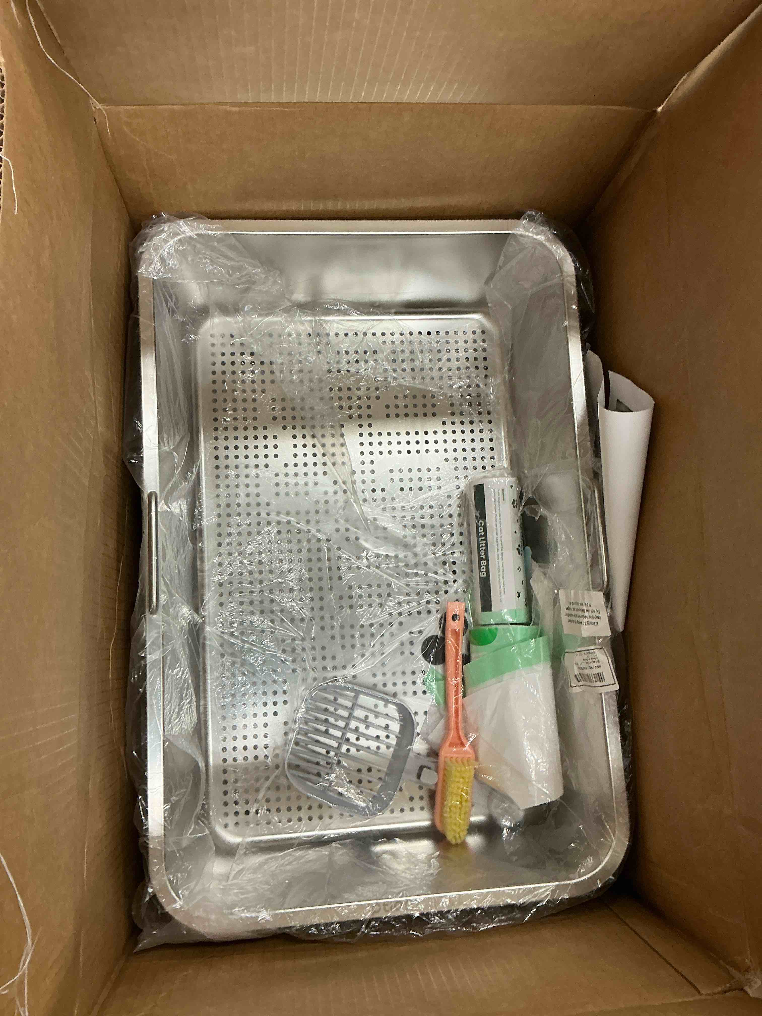Condition photo showing New/Like New for Ptlom Stainless Steel Sifting Litter Box for Pine Pellets 23.6" x 15.7" x 7.9", Extra Large Metal Litter Pan with Sifter