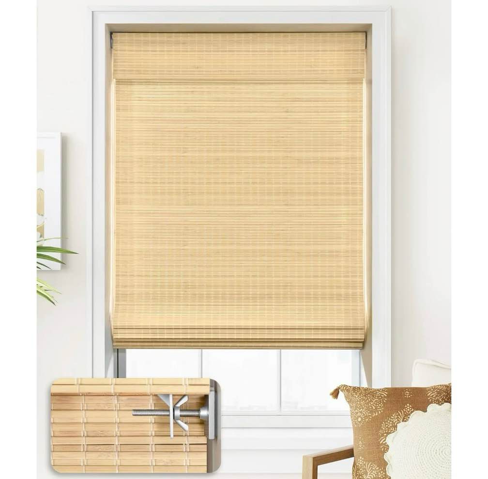 LazBlinds No Tools No Drill Cordless Bamboo Roman Shades  Privacy Room Darkening Window Treatment  Roll Up Bamboo Blinds for Window 34   W x 64   H  DP-Natural