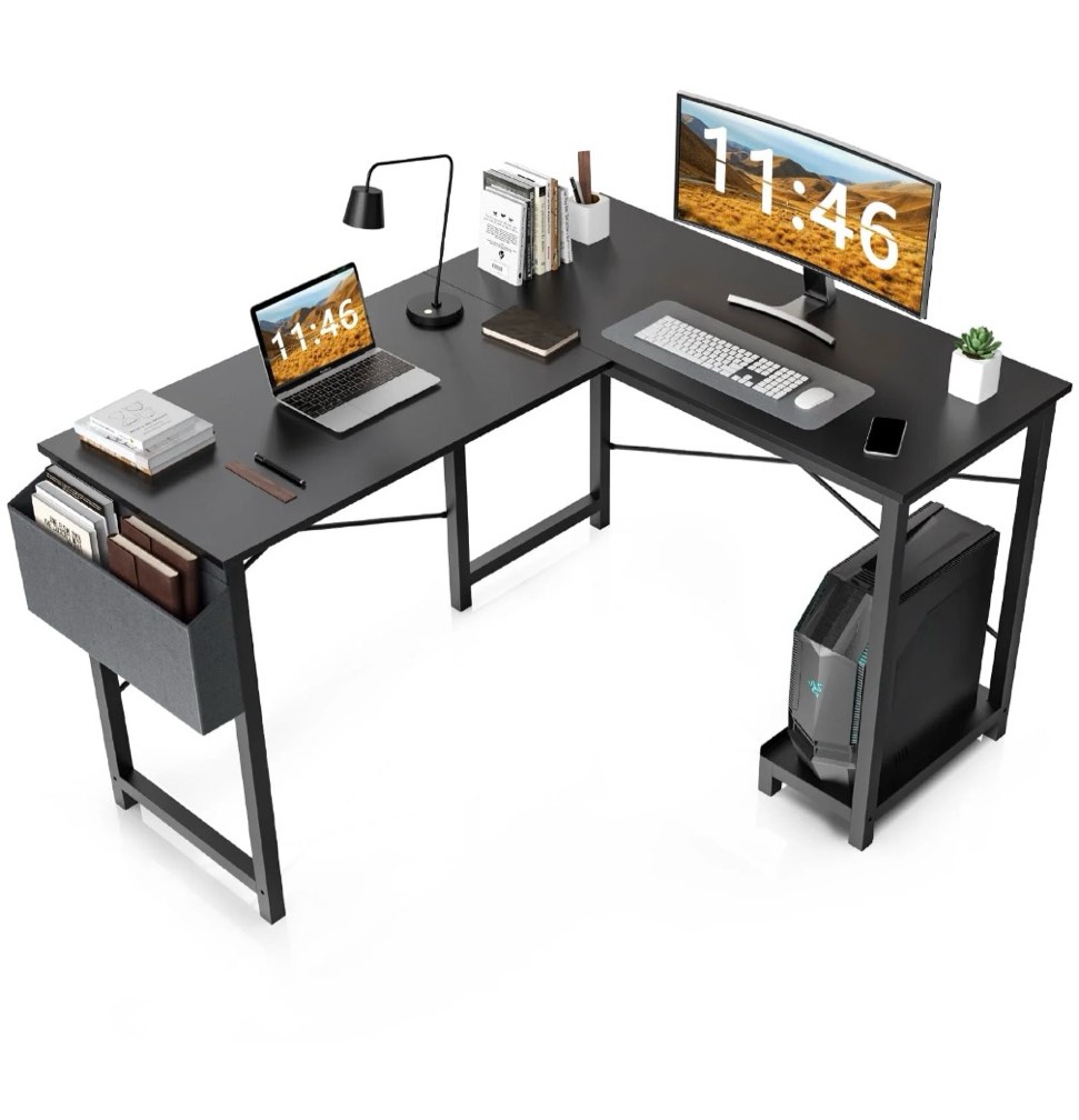 CONCETTA L Shaped Computer Desk with Wooden Desktop CPU Stand Side Bag Reversible, Black