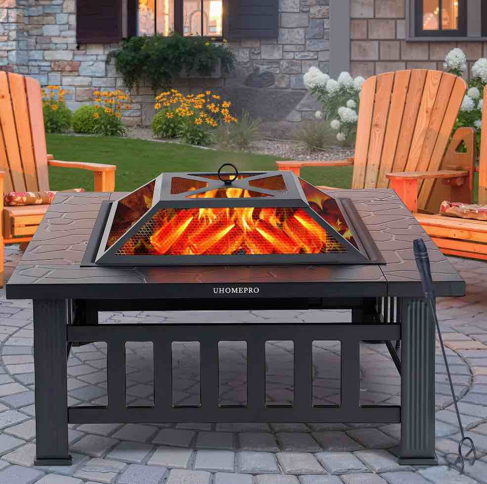 Fire Pits for Outside, 32" Wood Burning Fire Pit Tables with Screen Lid, Poker, BBQ Net, Ice Tray, Food Clip and Cover, Backyard Patio Garden Outdoor Fire Pit/Ice Pit/BBQ Fire Pit, Black