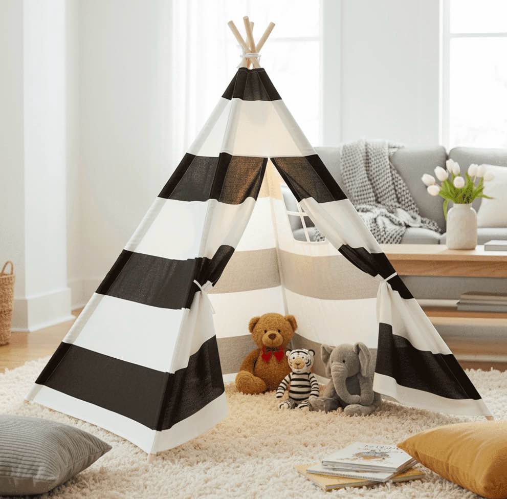 BIGODY Teepee Tent for Kids, Washable Playhouse for Indoor Use, Ideal Play Tent for Girls and Boys, Stripe Black