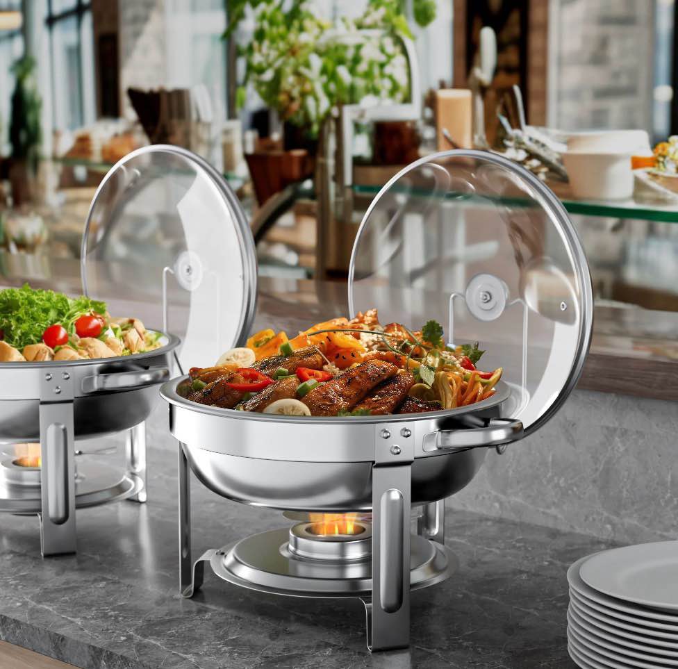 Chafing Dish Buffet Set 4 Pack: TINANA 5QT Stainless Steel Chafing Dishes for Buffet with Glass Lid & Lid Holder  Round Chafers and Buffet Warmers Sets for Parties  Events  Wedding  Camping  Dinner