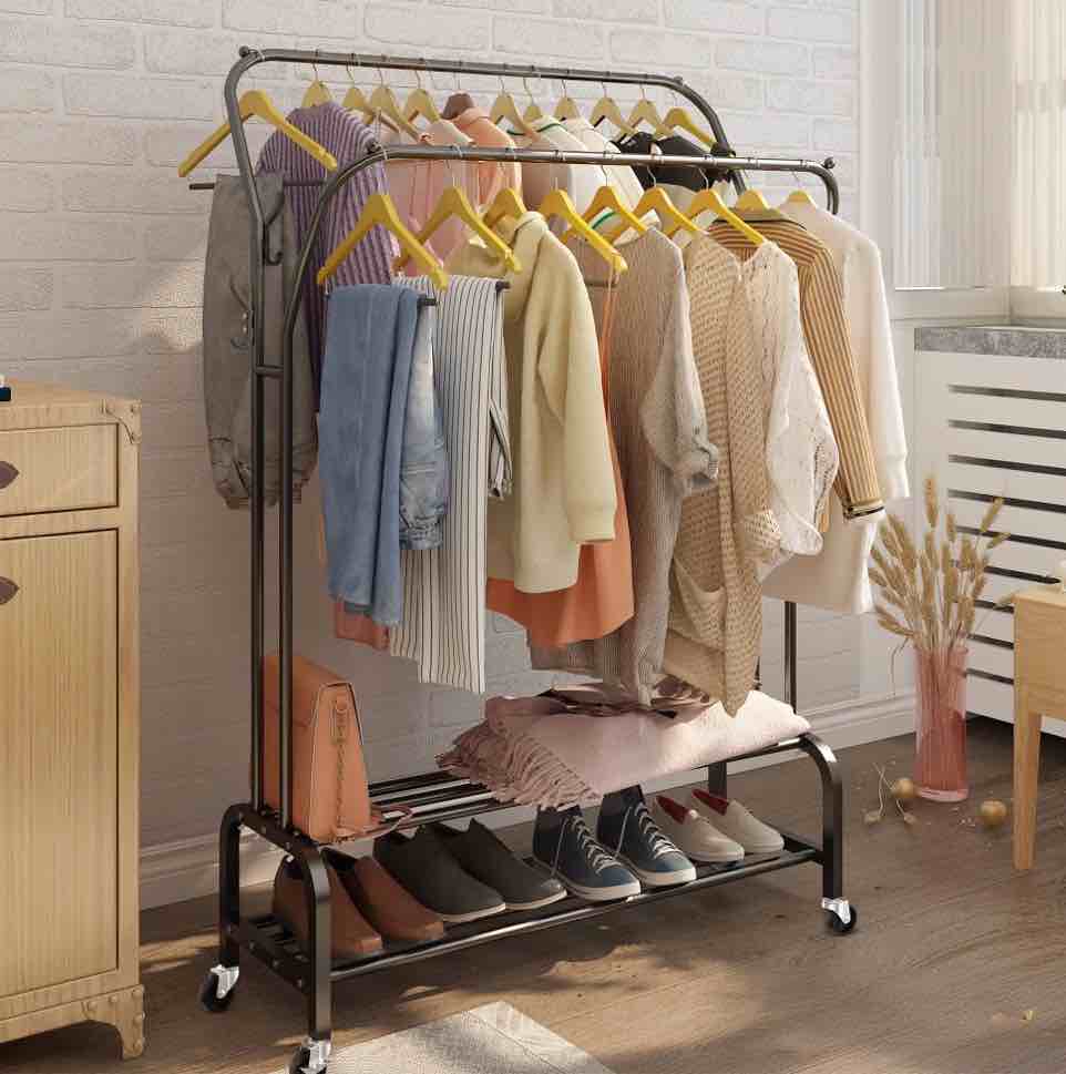 UNTIMATY Clothing Garment Rack Heavy Duty Freestanding Metal Clothes Stand Double Rail 8 Hangers 2 Shoe Shelves  Black