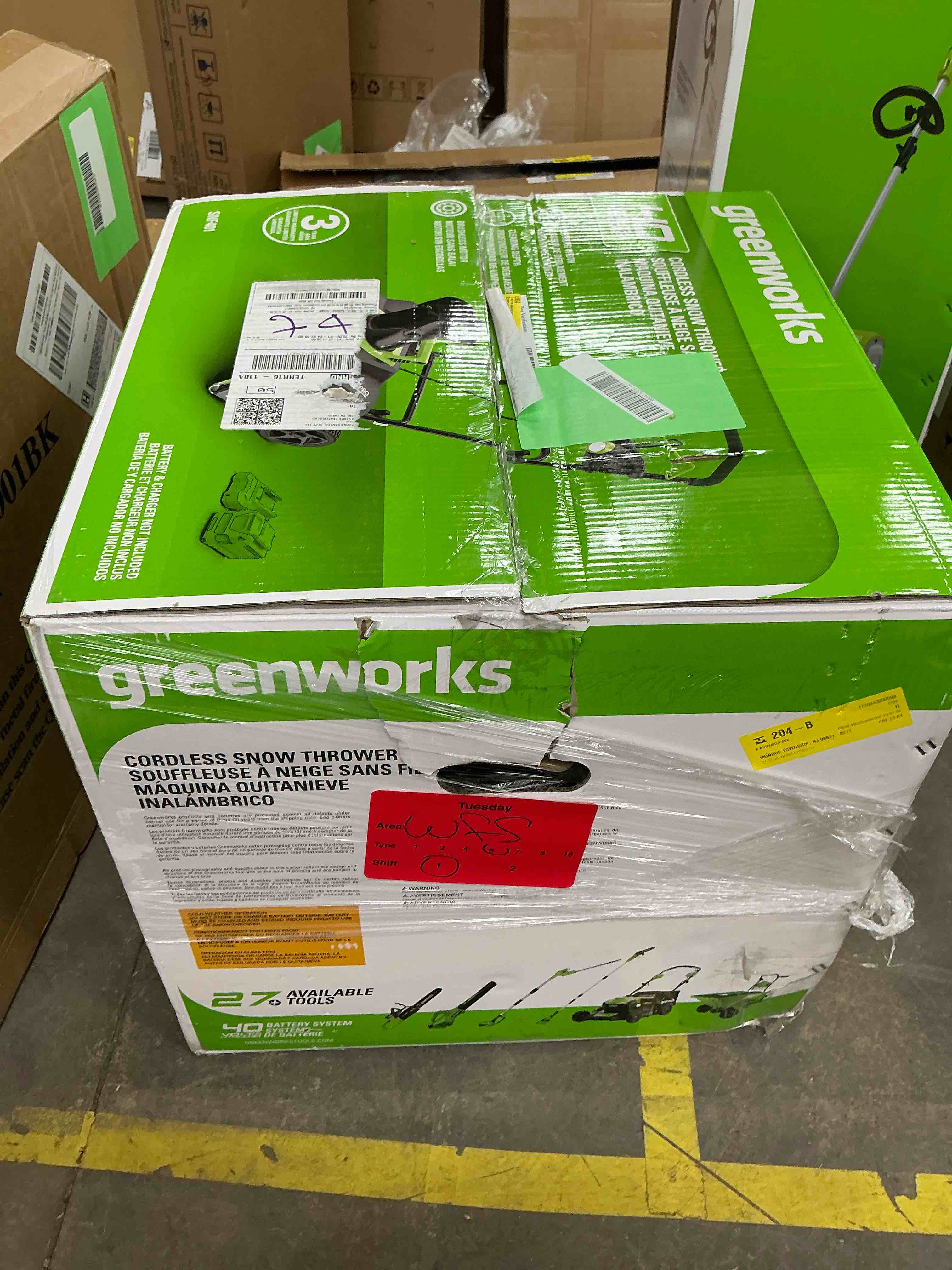 Condition photo showing New/Like New for Greenworks 40V 20-inch Brushless Snow Thrower  Battery Not Included  2601102