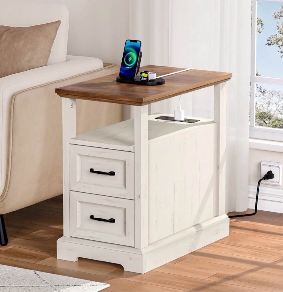 Hommpa 2 Drawers End Tables With Charging Station For Living Room, Farmhouse Narrow Sofa Side Table For Small Spaces, Nightstand Bedside Table with Storage For Bedroom, Rustic White