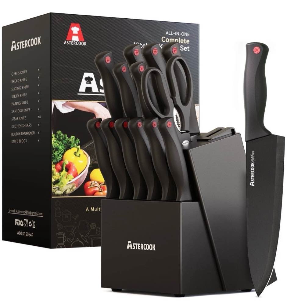 Astercook Kitchen Knife Set  14 Pcs Knives Block Set with Built-in Sharpener  Healthy Anti-Rust Coating & German Stainless Steel Knife Set  Dishwasher Safe Black