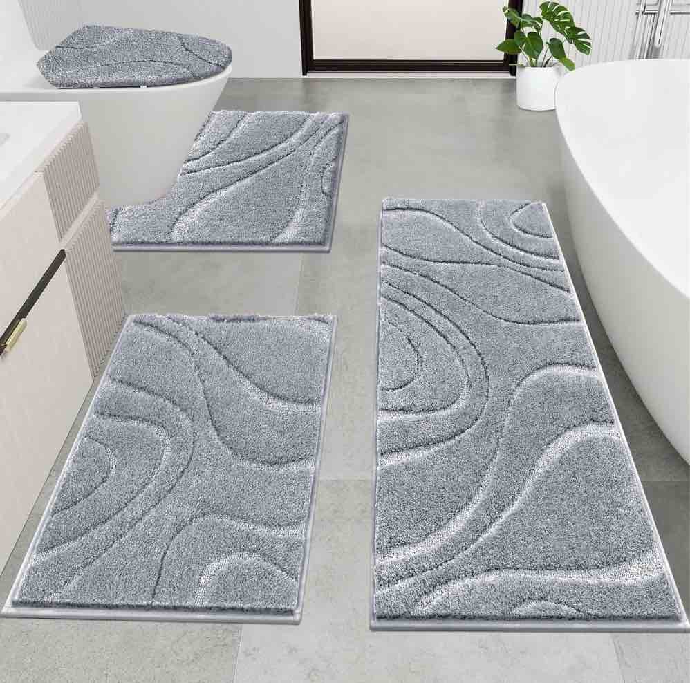 Ileading Bathroom Rugs Sets 4 Piece, Super Soft and Absorbent Non Slip Microfiber Toilet Bathroom Mats