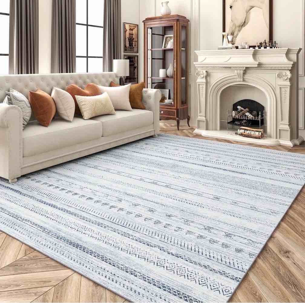 VUNATE 10 x14  Area Rugs for Living Room Washable Rugs Boho Moroccan Large Area Rug Soft Neutral Geometric Bohemian Carpet Distressed Indoor Rug for Bedroom Dining Room Office Nonslip Rug Blue