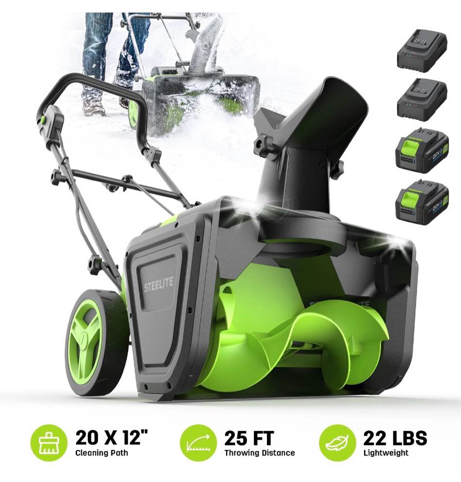steelite 2x21v cordless snow blower, 20" snow thrower with brushless motor,850 lbs/min electric snow remove machine with 2 x4.0 ah batteries & charger