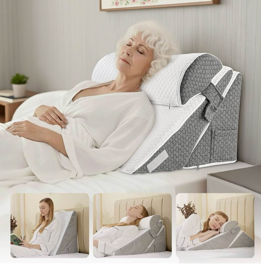grnoedn wedge pillow for sleeping orthopedic adjustable memory foam bed wedge pillows set for acid reflux leg back pain relief & reading rest headboard with neck support & gray removable pillowcase