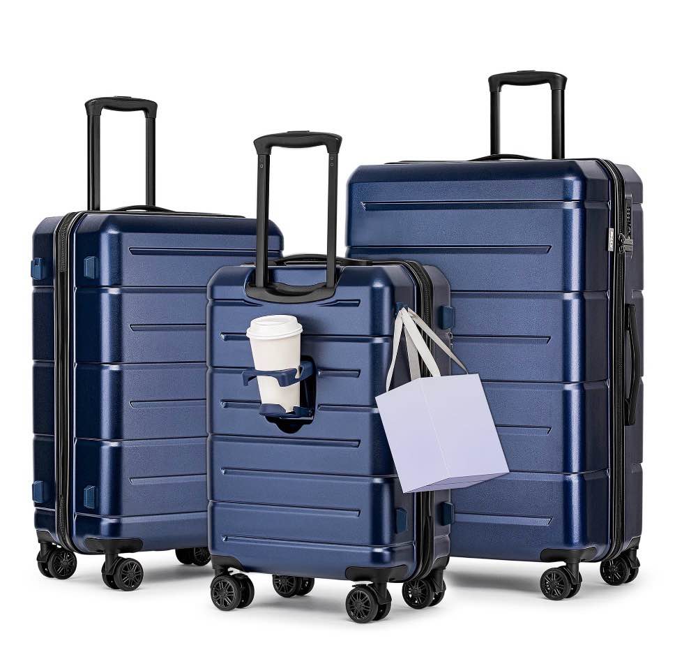 3 piece hardside carry on luggage sets tsa lock spinner wheels 22 26 30  suitcase with cup holder