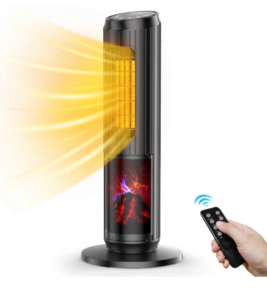 nftigb space heater, 1500w quiet oscillating ceramic heater for large room, ptc electric heater with realistic 3d flame effect, remote control, thermostat, for office, bedroom, indoor use