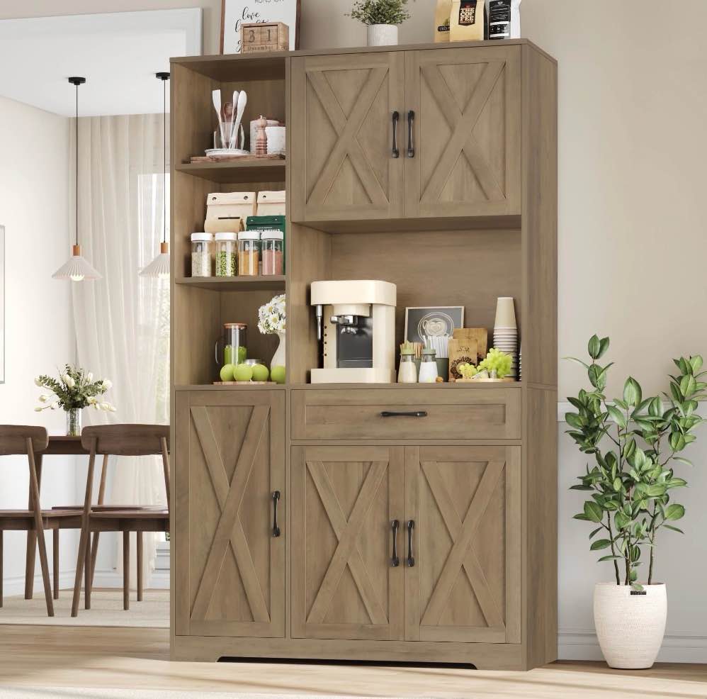 hiphuta 71" farmhouse kitchen pantry storage cabinet, freestanding hutch with doors and drawer, shelves & microwave stand, sturdy cupboard for dining room, rustic brown
