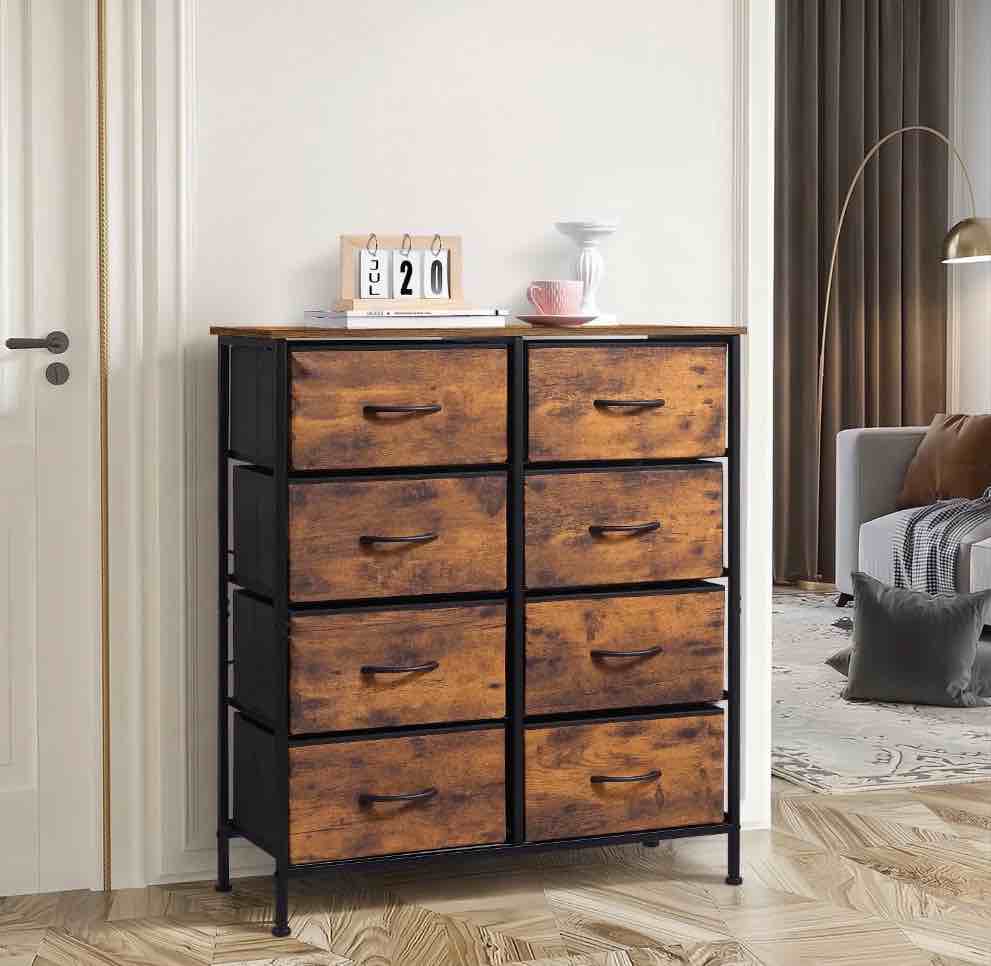 onader tall fabric dresser with 8 drawers, storage tower with fabric bins, double dressers, chest of drawers for closet, bedroom, living room, hallway, dorm, wood grain print