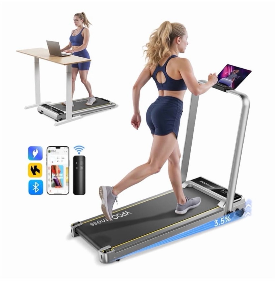 ypoo folding walking pad treadmill with incline and handle, 3-window display, dual use home/office fitness equipment, 300 lb capacity, silver