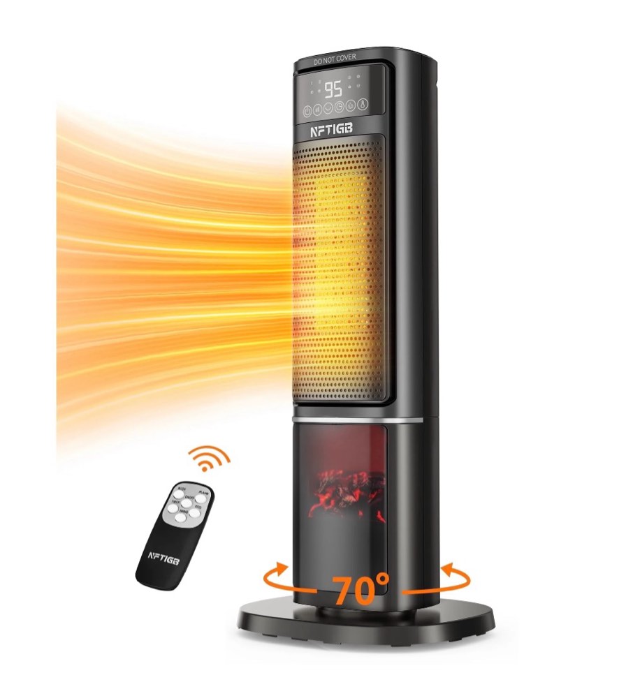 nftigb space heater with flame effect, 1500w ceramic heater with thermostat, ptc heater for indoor, 12h timer & remote, for office, bedroom, living room, new
