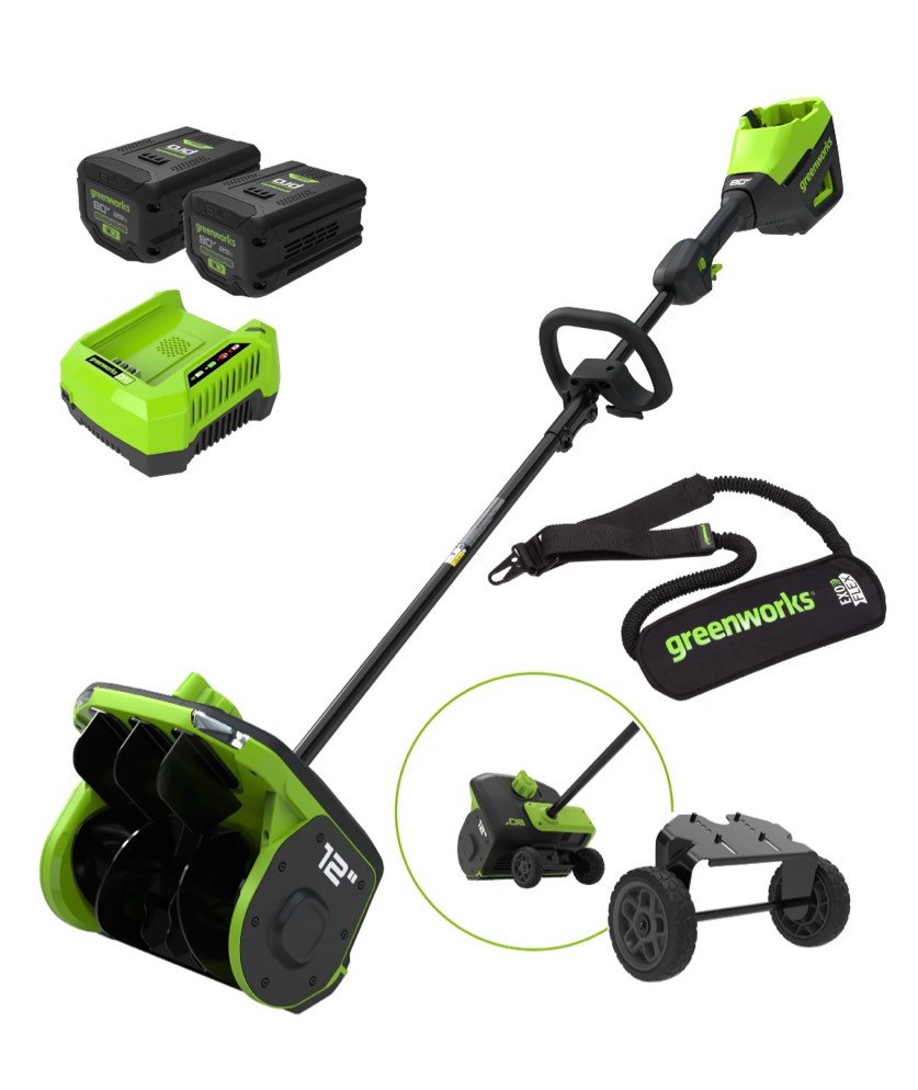 greenworks 80v 12" cordless snow shovel with wheels w/(2) 2.5ah battery & charger & strap