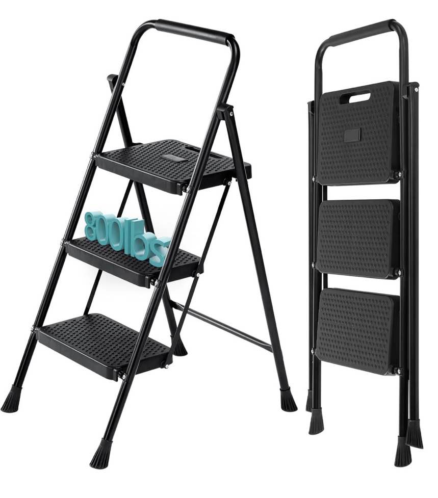 concetta 36 inch iron stepstool, 2 folding stepstool with non-slip pedals and comfortable handrails, sturdy steel ladder portable heavy duty stepstool for kitchen, garage and outdoor use, black