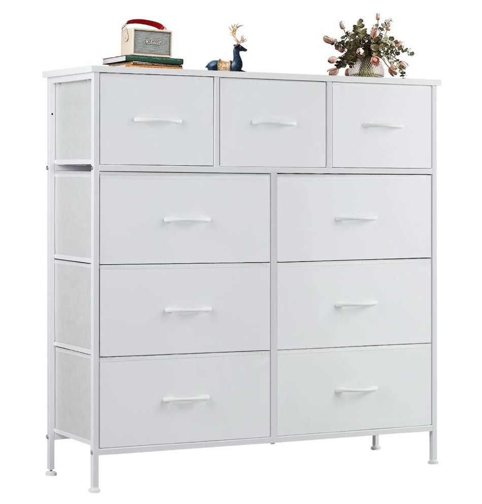zunmos fabric storage dresser with 9 drawers, steel frame and wooden top for bedroom, closet and entryway , white