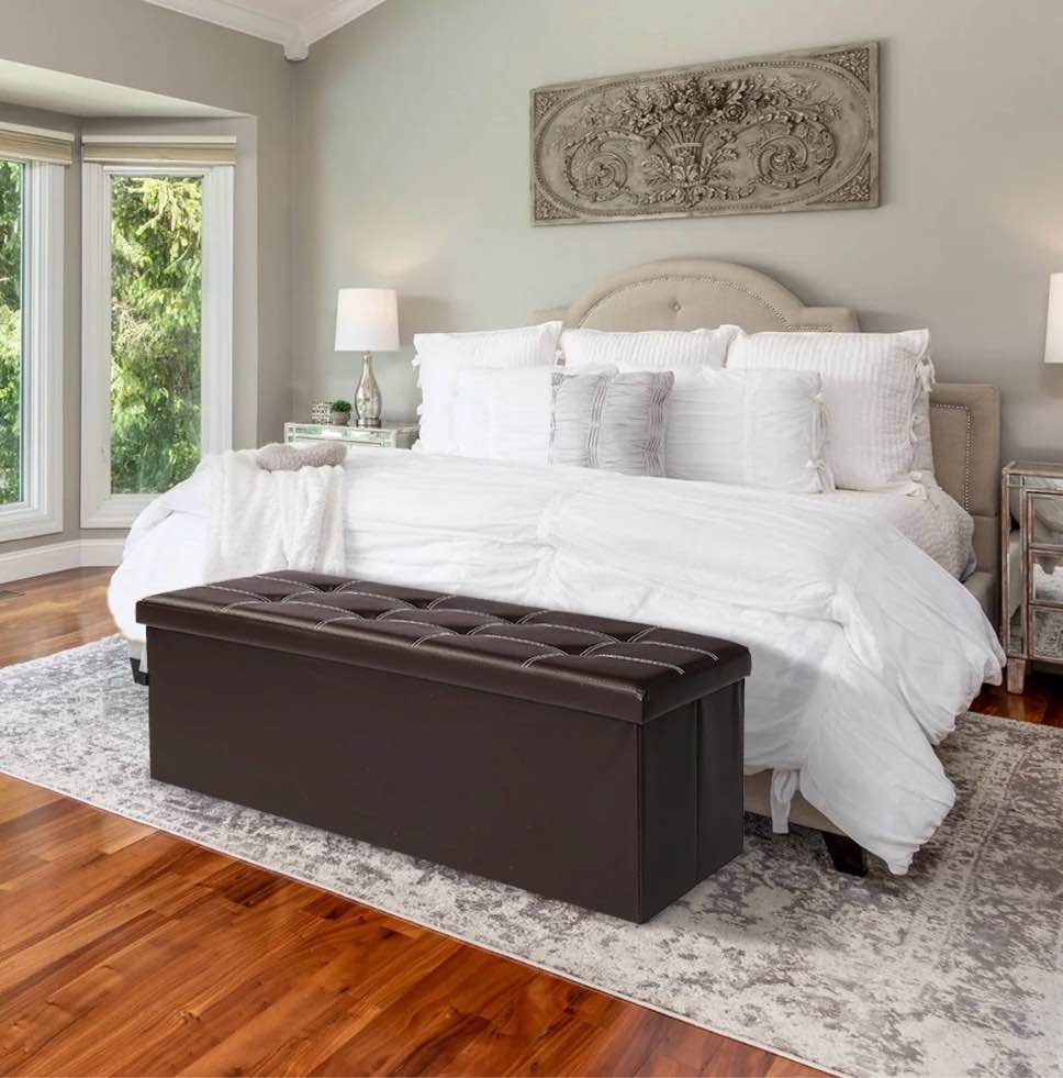 43" ottoman with storage bench long end of bed seat with storage large hinged storage ottoman bench folding chest footrest toy chest for kids bedroom living room large size -brown