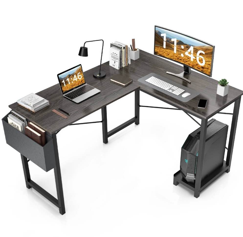 concetta l shaped computer desk with wooden desktop cpu stand side bag reversible, grey