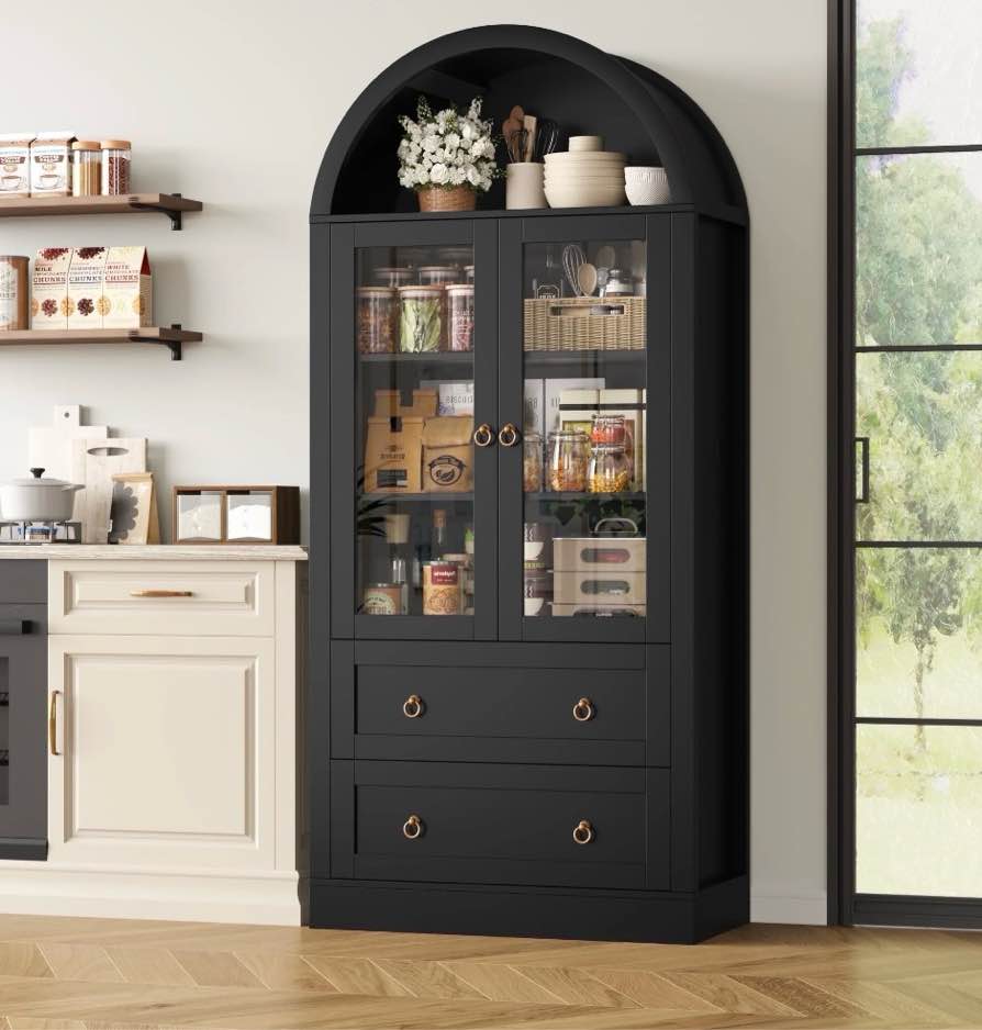 hiphuta 70" tall arched kitchen pantry storage cabinet with glass doors, freestanding modern farmhouse hutch cupboard with 2 large drawers, for kitchen dining room, black