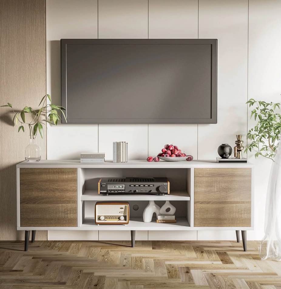homall 65 inch modern tv stand,white&walnut wood entertainment center with storage drawers & cable management for living room