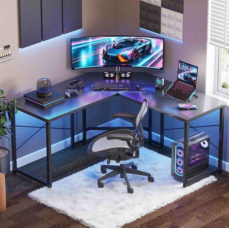 casacomoda computer desk l shaped, 51 inch reversible l shaped desk, gaming desk, home office desk, carbon fiber black